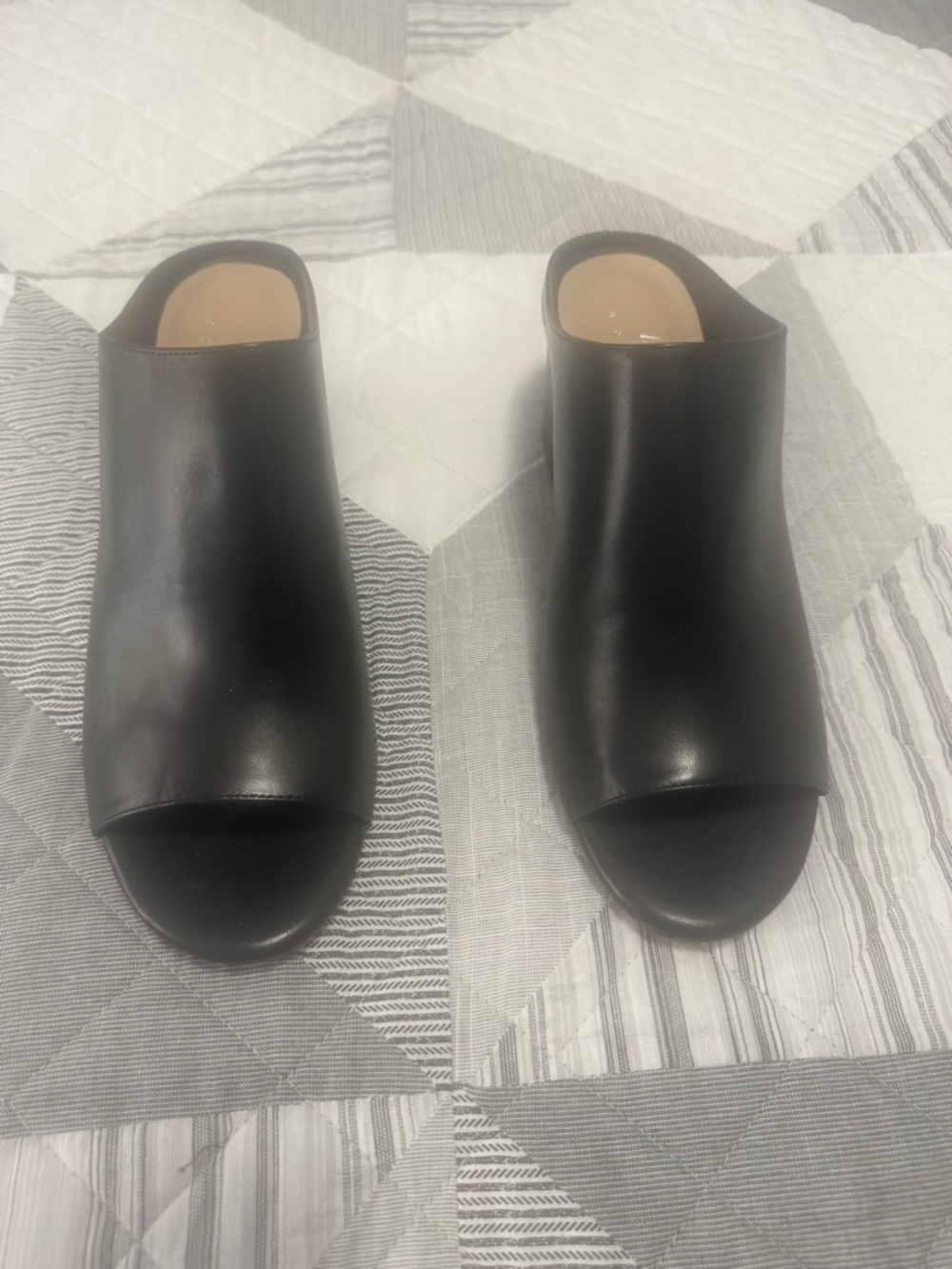Black Leather Open-Toe Slide Mules